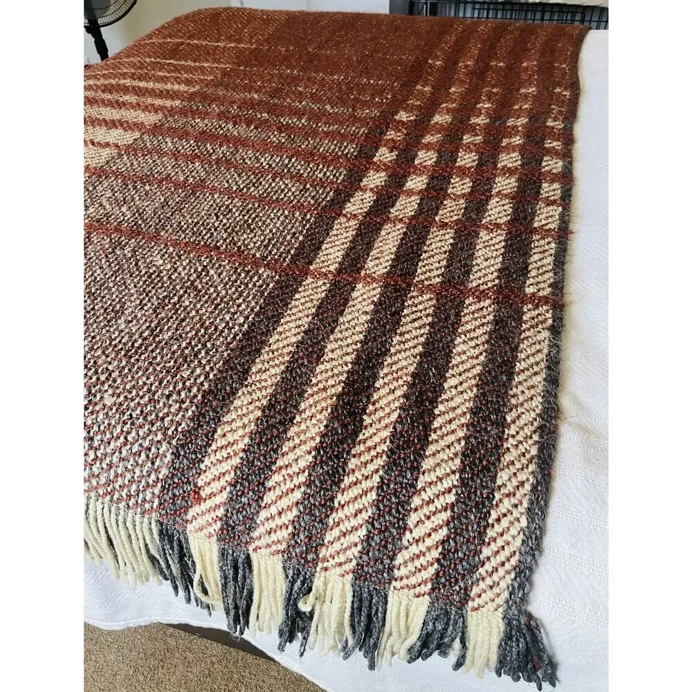Kennebunk Throw Weavers Blanket Home Cottage Cozy Fringe Tartan Brown Blue Cream